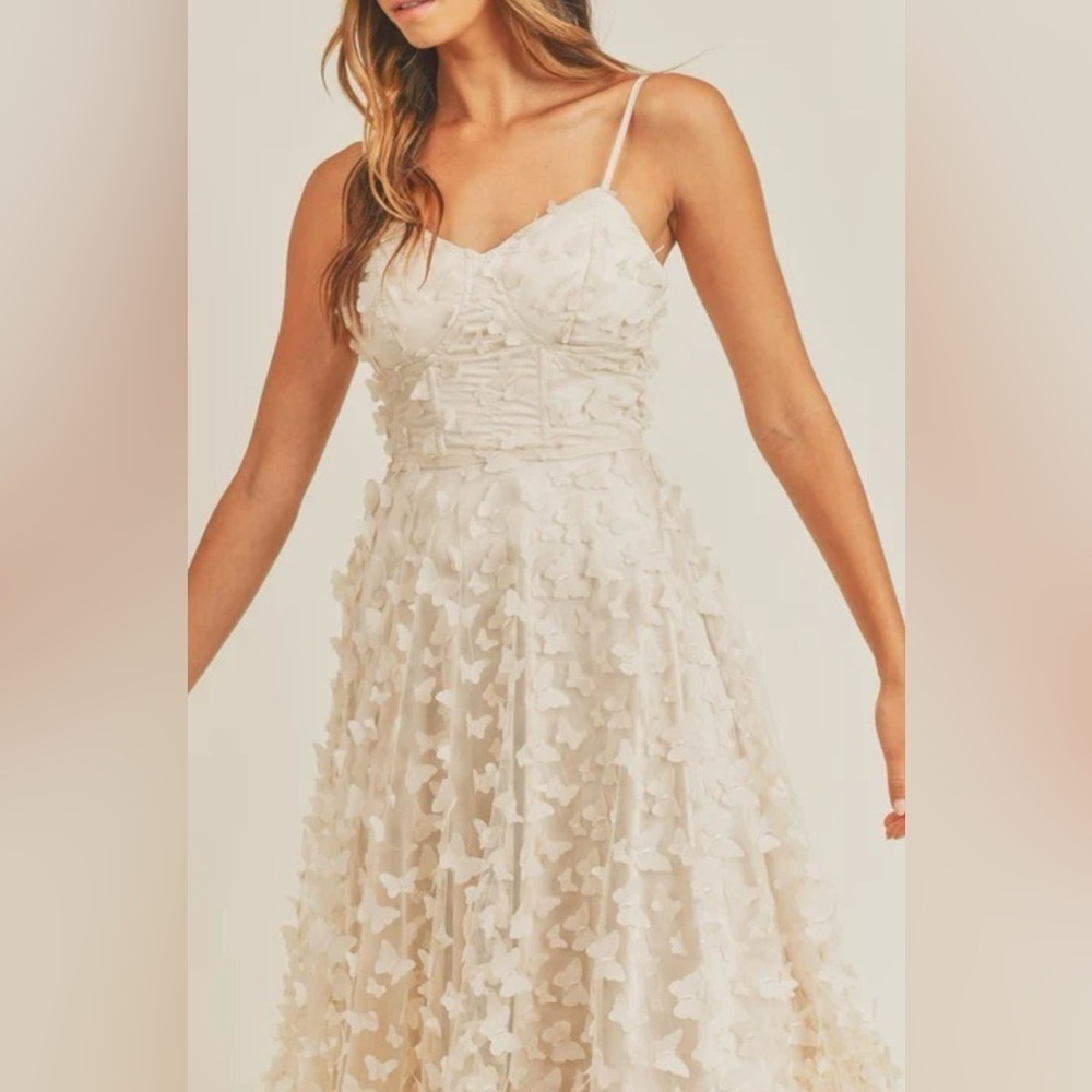 NWT Thirty/Thirty LA Butterfly Mesh Lace Up Midi Dress - Cream. Size Small - Picture 5 of 13
